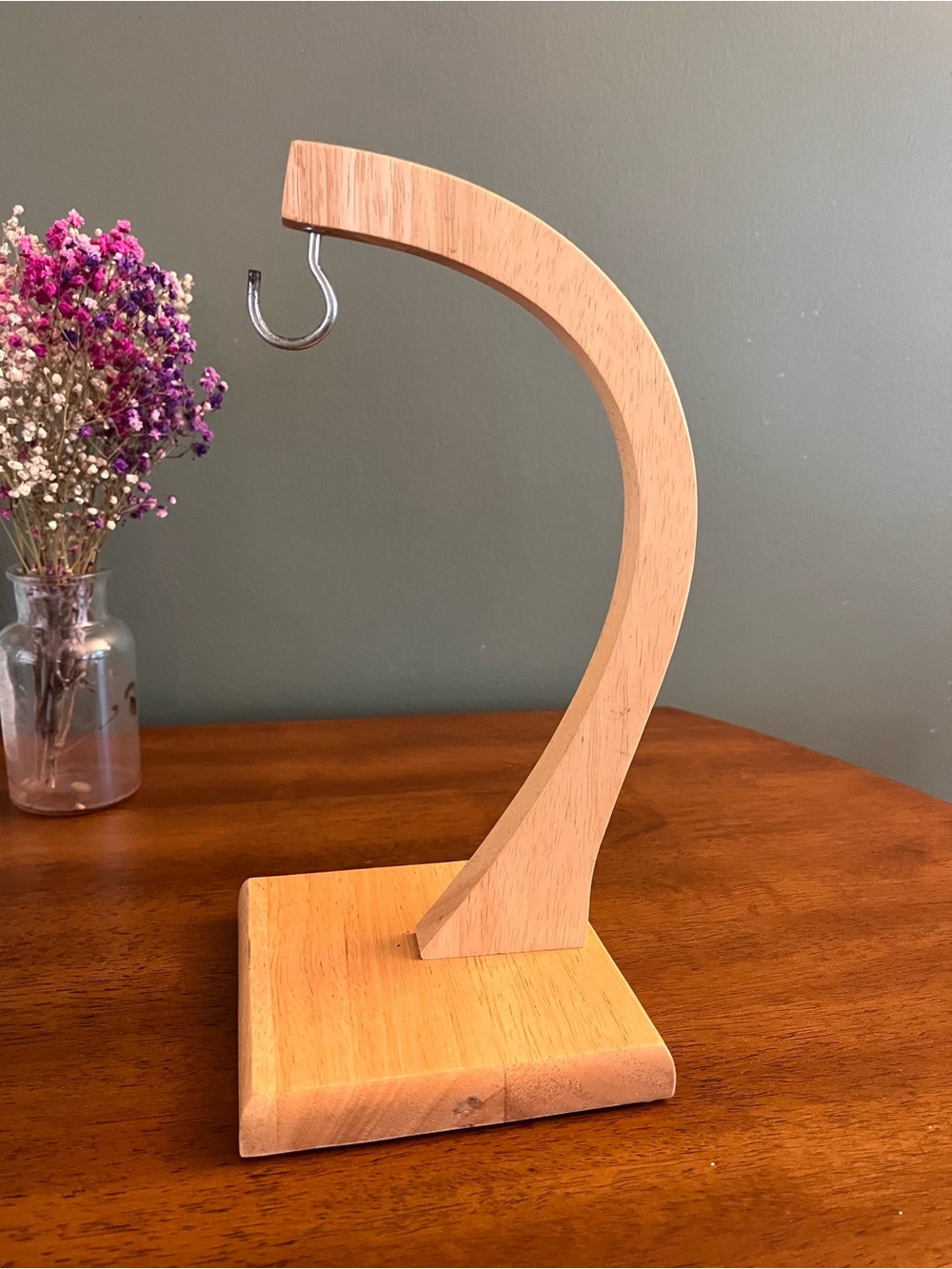 Wooden Plant Display Stand with Metal Hook - Natural Wood